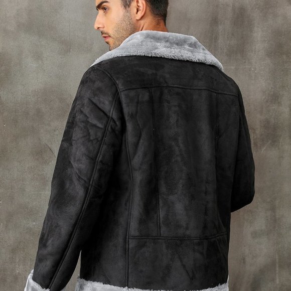 Black Casual Mens Zip Up Lapel Neck Teddy Lined Coat - Picture 2 of 8